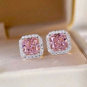 Radiant Pink and Silver Square Cubic Zirconia Earrings